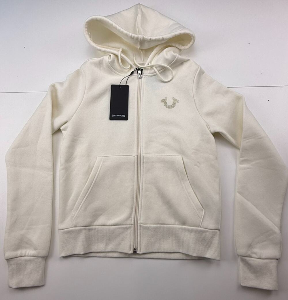 TRUE RELIGION LADIES ZIP UP WING HOODIE W/ EMBELISHING DETAIL SZ XS CLOUD NWT